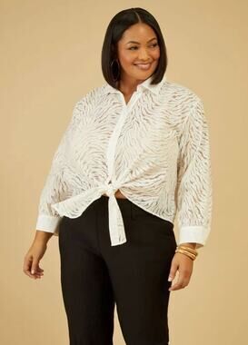 PLUS Size 34W | Cotton Blend White Long Sleeve Tie Front Button Shirt Blouse